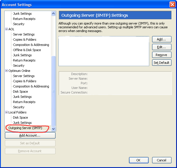 Thunderbird SMTP account screen